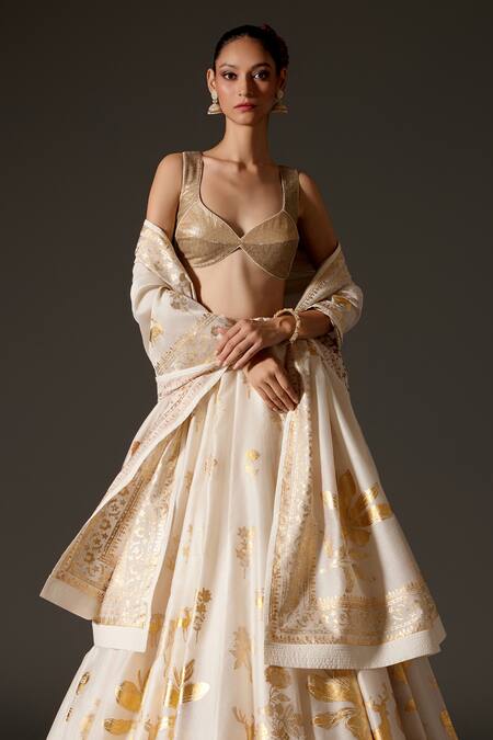 Rohit Bal_Cream Chanderi Silk Sequins, Foil Printing Floral Antelope Lehenga Set _Online_at_Aza_Fashions