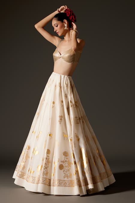 Buy_Rohit Bal_Cream Chanderi Silk Sequins, Foil Printing Floral Antelope Lehenga Set _Online_at_Aza_Fashions