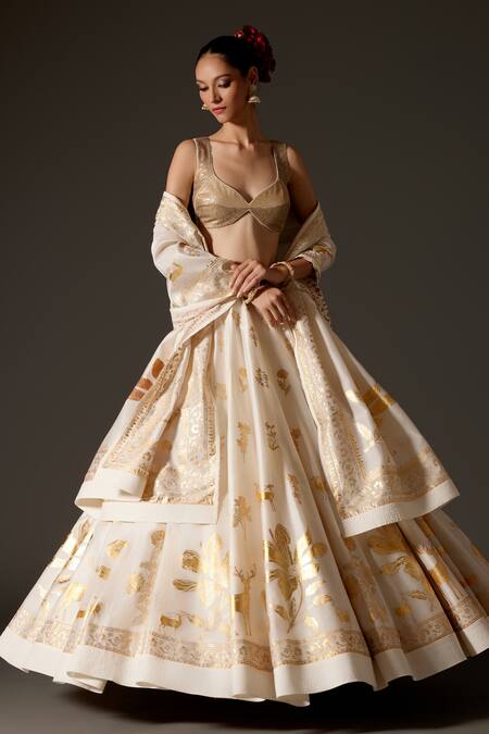 Shop_Rohit Bal_Cream Chanderi Silk Sequins, Foil Printing Floral Antelope Lehenga Set _Online_at_Aza_Fashions