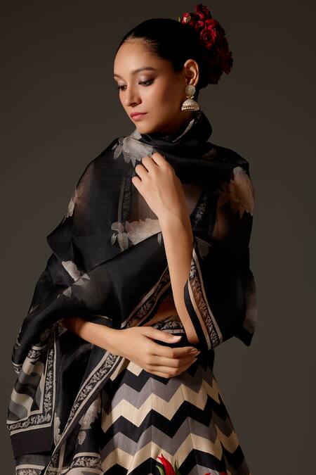 Rohit Bal_Black Silk, Embroidery Gradient Chevron Print Lehenga Set _Online_at_Aza_Fashions
