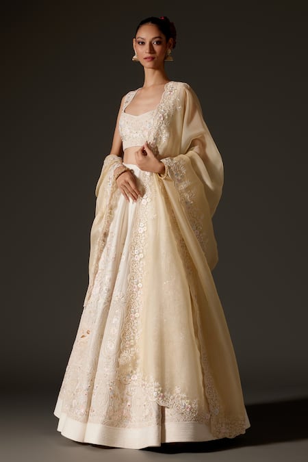 Rohit Bal_Ivory Chanderi Sequins, Diamonds, Pastel Aari Combination Lehenga Set _Online_at_Aza_Fashions