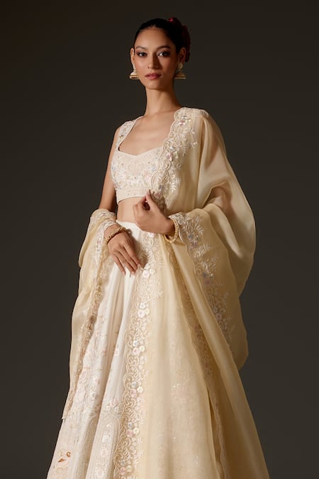 Buy_Rohit Bal_Ivory Chanderi Sequins, Diamonds, Pastel Aari Combination Lehenga Set _Online_at_Aza_Fashions