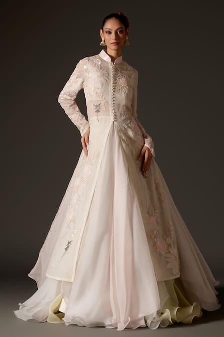 Rohit Bal Ivory Organza Embroidered Thread Mandarin Collar Floral Applique Long Jacket 