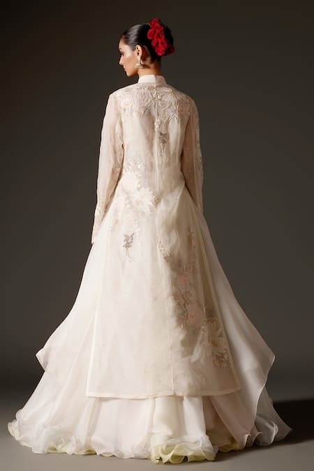Shop Rohit Bal Ivory Organza Sequins, Applique Mandarin Collar Floral Embroidered Long Jacket at Aza Fashions Shop_Rohit Bal_Ivory Organza Sequins, Applique Mandarin Collar Floral Embroidered Long Jacket _at_Aza_Fashions