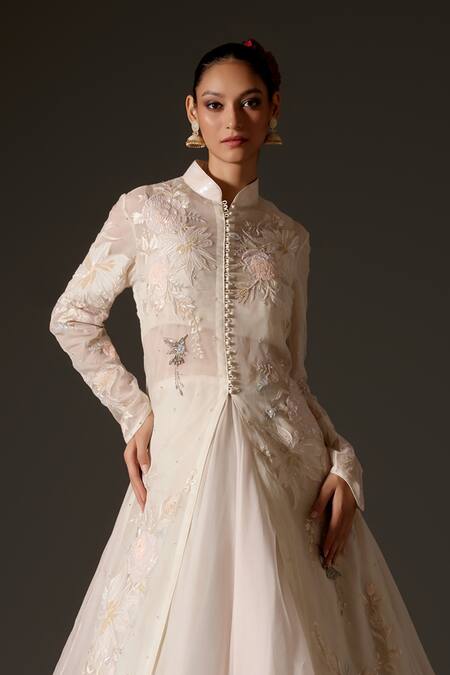 Rohit Bal Ivory Organza Sequins, Applique Mandarin Collar Floral Embroidered Long Jacket Online at Aza Fashions Rohit Bal_Ivory Organza Sequins, Applique Mandarin Collar Floral Embroidered Long Jacket _Online_at_Aza_Fashions