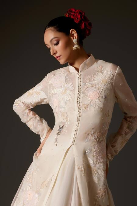 Shop Rohit Bal Ivory Organza Sequins, Applique Mandarin Collar Floral Embroidered Long Jacket Online at Aza Fashions Shop_Rohit Bal_Ivory Organza Sequins, Applique Mandarin Collar Floral Embroidered Long Jacket _Online_at_Aza_Fashions