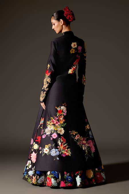 Shop Rohit Bal Black Chanderi Embroidery Mandarin Collar Floral Combination Pattern Long Jacket at Aza Fashions Shop_Rohit Bal_Black Chanderi Embroidery Mandarin Collar Floral Combination Pattern Long Jacket _at_Aza_Fashions