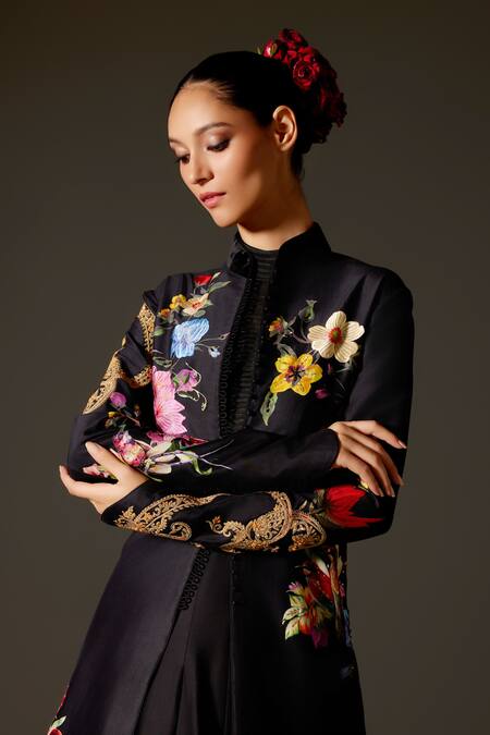 Rohit Bal Black Chanderi Embroidery Mandarin Collar Floral Combination Pattern Long Jacket Online at Aza Fashions Rohit Bal_Black Chanderi Embroidery Mandarin Collar Floral Combination Pattern Long Jacket _Online_at_Aza_Fashions