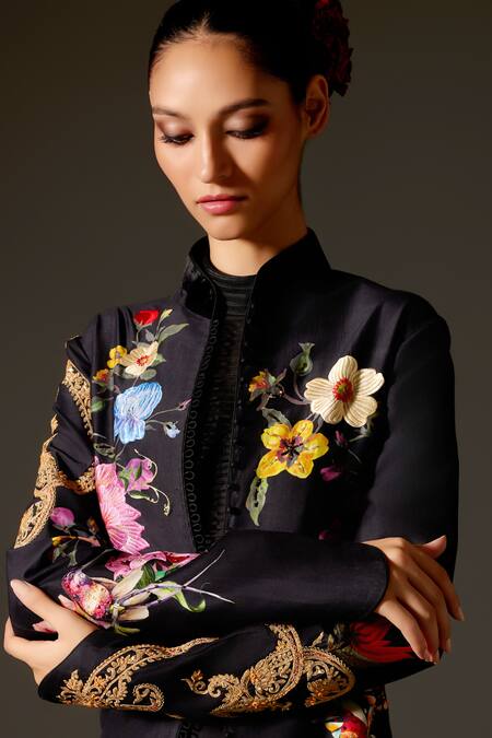 Buy Rohit Bal Black Chanderi Embroidery Mandarin Collar Floral Combination Pattern Long Jacket Online at Aza Fashions Buy_Rohit Bal_Black Chanderi Embroidery Mandarin Collar Floral Combination Pattern Long Jacket _Online_at_Aza_Fashions
