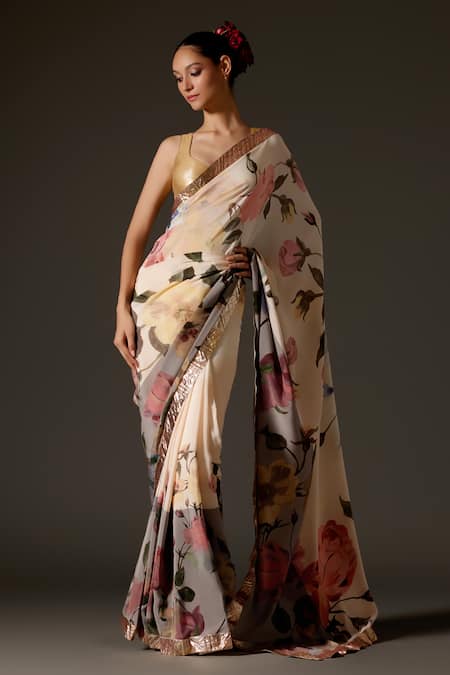 Rohit Bal Cream Crepe Print Floral Blossom Saree And Unstitched Blouse Piece Set 