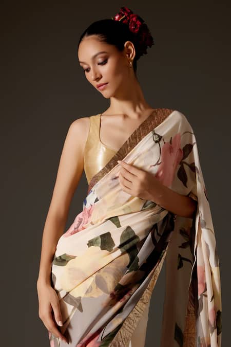 Buy_Rohit Bal_Cream Crepe Gota Patti Floral Blossom Print Saree And Unstitched Blouse Piece Set _Online_at_Aza_Fashions