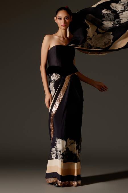 Rohit Bal_Black Chanderi Gota Patti Flower Vine Print Saree And Unstitched Blouse Piece Set _Online_at_Aza_Fashions