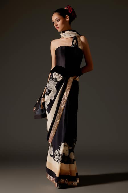 Buy_Rohit Bal_Black Chanderi Gota Patti Flower Vine Print Saree And Unstitched Blouse Piece Set _Online_at_Aza_Fashions