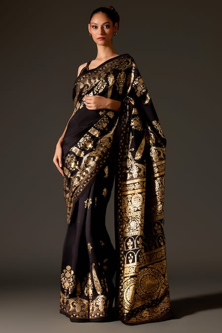 Rohit Bal Black Chanderi Print Floral Mandala Saree And Unstitched Blouse Piece Set 