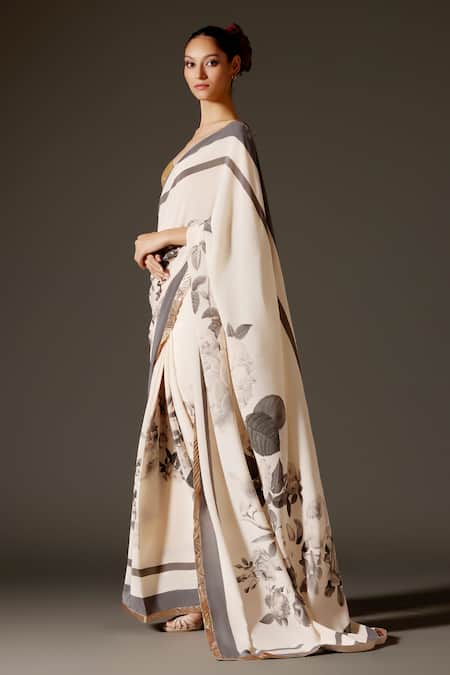 Rohit Bal Monotone Floral Print Saree & Unstitched Blouse Piece Set 