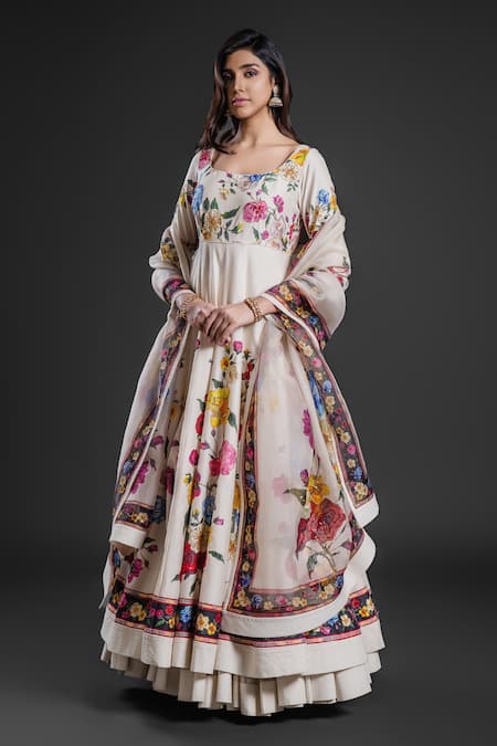 Rohit Bal Chanderi Floral Print Anarkali Churidar Set 