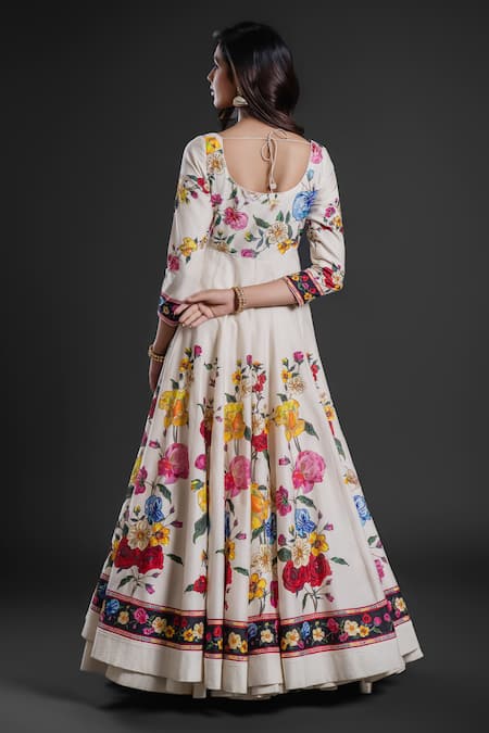 Shop_Rohit Bal_Ivory Chanderi Embroidery, Sequins Round Neck Floral Print Anarkali Churidar Set _at_Aza_Fashions