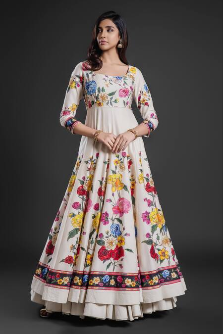 Rohit Bal_Ivory Chanderi Embroidery, Sequins Round Neck Floral Print Anarkali Churidar Set _Online_at_Aza_Fashions