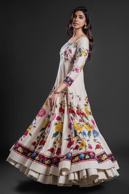 Buy_Rohit Bal_Ivory Chanderi Embroidery, Sequins Round Neck Floral Print Anarkali Churidar Set _Online_at_Aza_Fashions