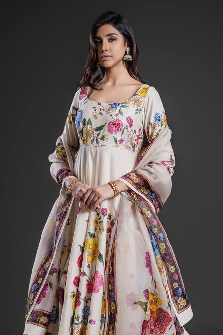 Rohit Bal_Ivory Chanderi Embroidery, Sequins Round Neck Floral Print Anarkali Churidar Set _at_Aza_Fashions