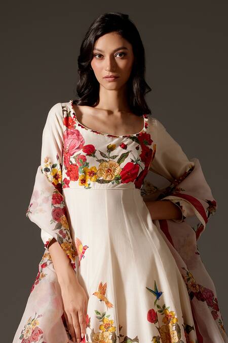 Rohit Bal_Multi Color Chanderi, Cotton Embroidery, Rose Bloom Print Anarkali Churidar Set _Online_at_Aza_Fashions