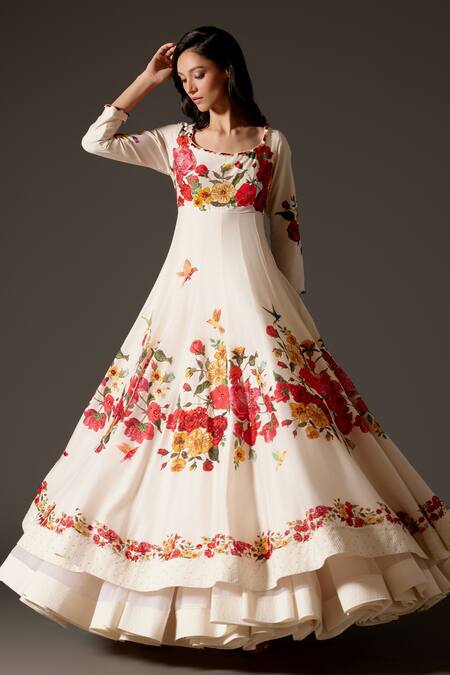 Buy_Rohit Bal_Multi Color Chanderi, Cotton Embroidery, Rose Bloom Print Anarkali Churidar Set _Online_at_Aza_Fashions