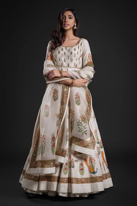 Rohit Bal Ivory Chanderi Embroidery Aari Round Floral Bouquet Print Anarkali Churidar Set 