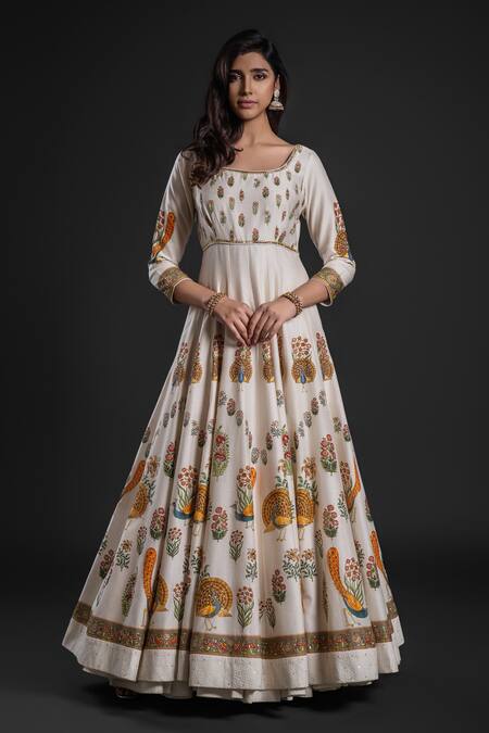 Rohit Bal Ivory Chanderi Embroidery Round Neck Floral Bouquet Print Anarkali Churidar Set Online at Aza Fashions Rohit Bal_Ivory Chanderi Embroidery Round Neck Floral Bouquet Print Anarkali Churidar Set _Online_at_Aza_Fashions