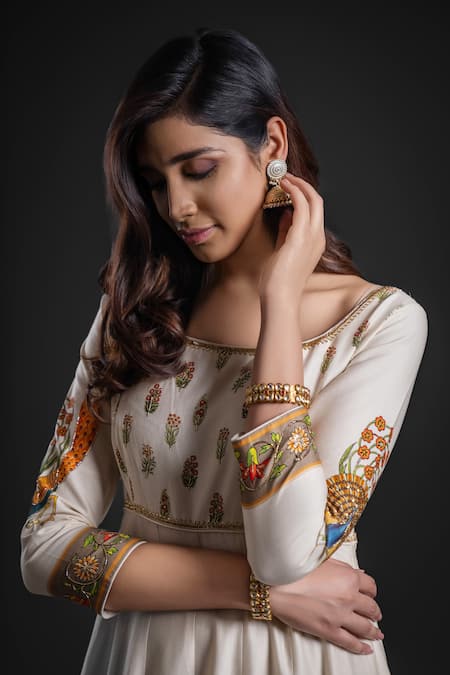 Shop Rohit Bal Ivory Chanderi Embroidery Round Neck Floral Bouquet Print Anarkali Churidar Set Online at Aza Fashions Shop_Rohit Bal_Ivory Chanderi Embroidery Round Neck Floral Bouquet Print Anarkali Churidar Set _Online_at_Aza_Fashions