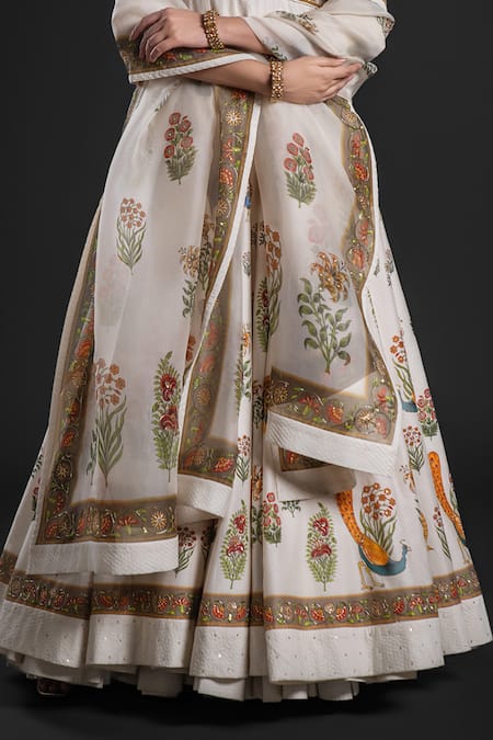 Rohit Bal Ivory Chanderi Embroidery Round Neck Floral Bouquet Print Anarkali Churidar Set at Aza Fashions Rohit Bal_Ivory Chanderi Embroidery Round Neck Floral Bouquet Print Anarkali Churidar Set _at_Aza_Fashions