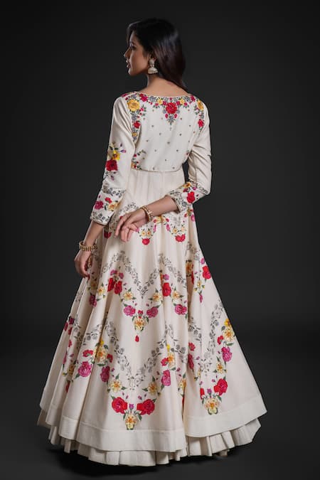 Shop Rohit Bal Ivory Chanderi Embroidery Polo Collar Floral Vine Print Anarkali Churidar Set at Aza Fashions Shop_Rohit Bal_Ivory Chanderi Embroidery Polo Collar Floral Vine Print Anarkali Churidar Set _at_Aza_Fashions