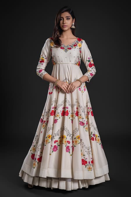 Rohit Bal Ivory Chanderi Embroidery Polo Collar Floral Vine Print Anarkali Churidar Set Online at Aza Fashions Rohit Bal_Ivory Chanderi Embroidery Polo Collar Floral Vine Print Anarkali Churidar Set _Online_at_Aza_Fashions