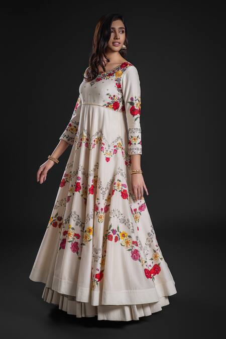 Shop Rohit Bal Ivory Chanderi Embroidery Polo Collar Floral Vine Print Anarkali Churidar Set Online at Aza Fashions Shop_Rohit Bal_Ivory Chanderi Embroidery Polo Collar Floral Vine Print Anarkali Churidar Set _Online_at_Aza_Fashions