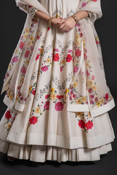 Rohit Bal Ivory Chanderi Embroidery Polo Collar Floral Vine Print Anarkali Churidar Set at Aza Fashions Rohit Bal_Ivory Chanderi Embroidery Polo Collar Floral Vine Print Anarkali Churidar Set _at_Aza_Fashions