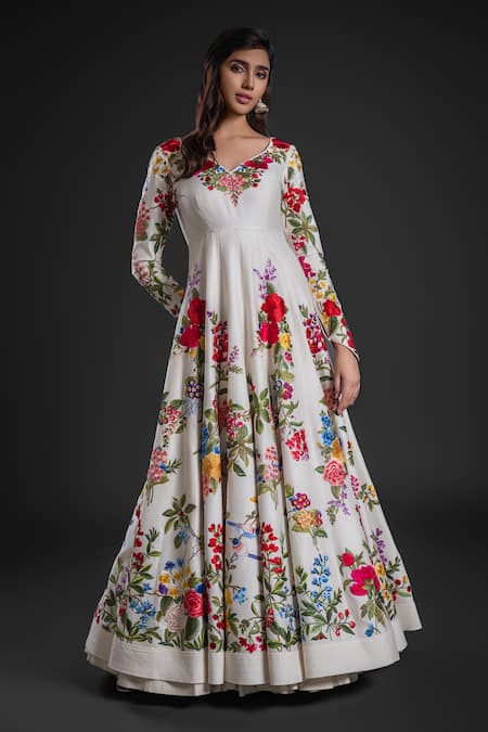 Rohit Bal Ivory Chanderi Embroidery Polo Collar Floral Bouquet Yoke Anarkali Churidar Set Online at Aza Fashions Rohit Bal_Ivory Chanderi Embroidery Polo Collar Floral Bouquet Yoke Anarkali Churidar Set _Online_at_Aza_Fashions