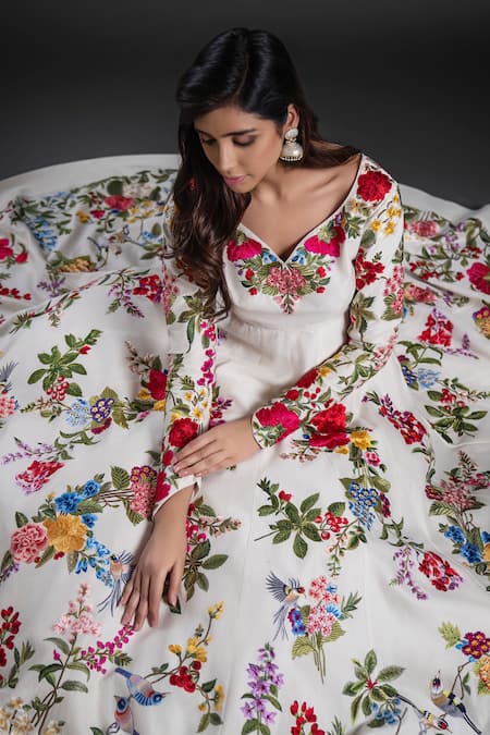 Shop Rohit Bal Ivory Chanderi Embroidery Polo Collar Floral Bouquet Yoke Anarkali Churidar Set Online at Aza Fashions Shop_Rohit Bal_Ivory Chanderi Embroidery Polo Collar Floral Bouquet Yoke Anarkali Churidar Set _Online_at_Aza_Fashions