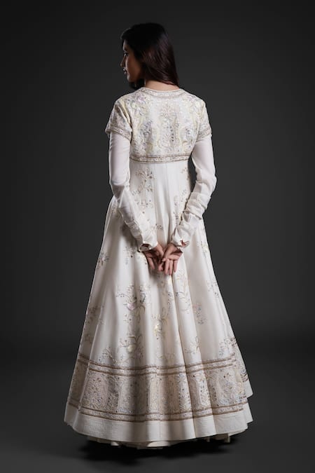 Shop Rohit Bal Ivory Organza Embroidery V-neck Flower Vine Yoke Anarkali Churidar Set at Aza Fashions Shop_Rohit Bal_Ivory Organza Embroidery V-neck Flower Vine Yoke Anarkali Churidar Set _at_Aza_Fashions