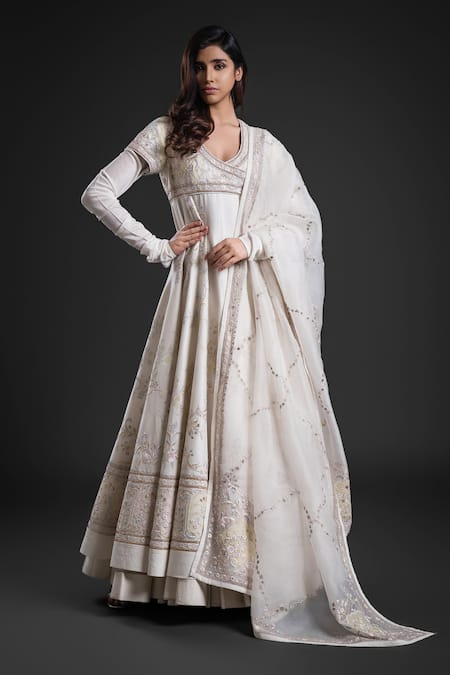 Rohit Bal Ivory Organza Embroidery V-neck Flower Vine Yoke Anarkali Churidar Set Online at Aza Fashions Rohit Bal_Ivory Organza Embroidery V-neck Flower Vine Yoke Anarkali Churidar Set _Online_at_Aza_Fashions