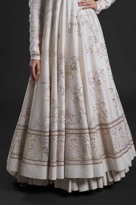 Shop Rohit Bal Ivory Organza Embroidery V-neck Flower Vine Yoke Anarkali Churidar Set Online at Aza Fashions Shop_Rohit Bal_Ivory Organza Embroidery V-neck Flower Vine Yoke Anarkali Churidar Set _Online_at_Aza_Fashions