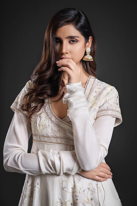 Rohit Bal Ivory Organza Embroidery V-neck Flower Vine Yoke Anarkali Churidar Set at Aza Fashions Rohit Bal_Ivory Organza Embroidery V-neck Flower Vine Yoke Anarkali Churidar Set _at_Aza_Fashions