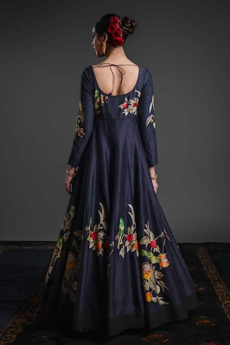 Shop Rohit Bal Black Chanderi Embroidery Round Neck Hand Anarkali Churidar Set at Aza Fashions Shop_Rohit Bal_Black Chanderi Embroidery Round Neck Hand Anarkali Churidar Set _at_Aza_Fashions