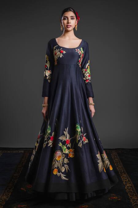 Rohit Bal Black Chanderi Embroidery Round Neck Hand Anarkali Churidar Set Online at Aza Fashions Rohit Bal_Black Chanderi Embroidery Round Neck Hand Anarkali Churidar Set _Online_at_Aza_Fashions
