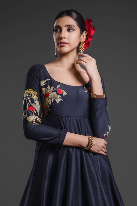Shop Rohit Bal Black Chanderi Embroidery Round Neck Hand Anarkali Churidar Set Online at Aza Fashions Shop_Rohit Bal_Black Chanderi Embroidery Round Neck Hand Anarkali Churidar Set _Online_at_Aza_Fashions