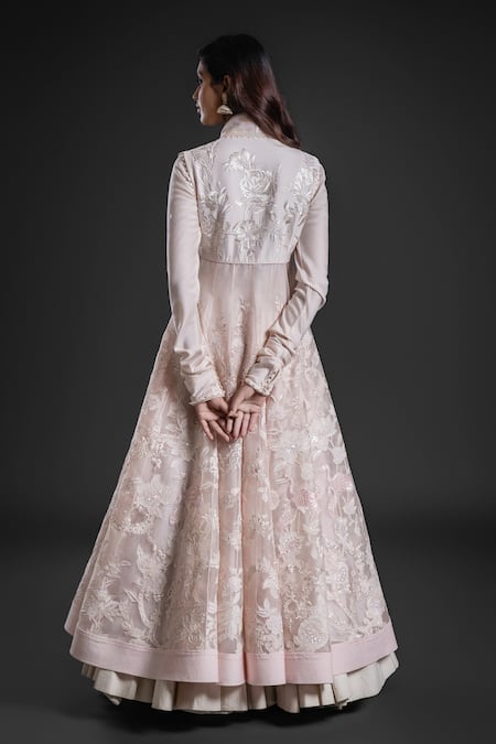 Shop Rohit Bal Pink Chanderi Sequins, Embroidery Floral Applique Anarkali Churidar Set at Aza Fashions Shop_Rohit Bal_Pink Chanderi Sequins, Embroidery Floral Applique Anarkali Churidar Set _at_Aza_Fashions