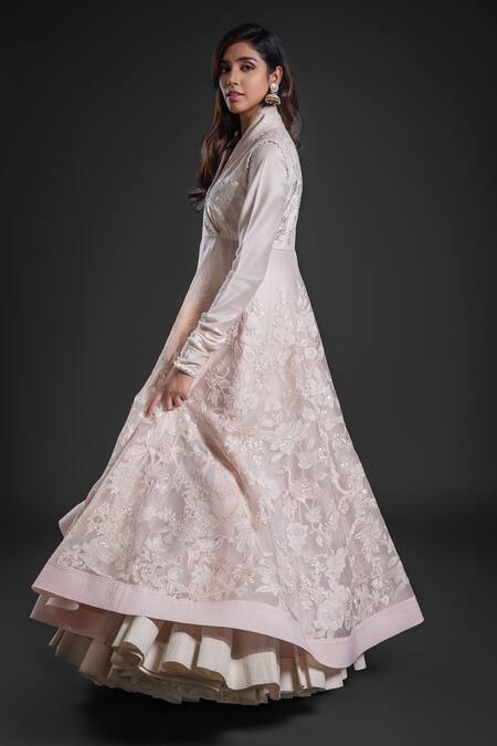 Shop Rohit Bal Pink Chanderi Sequins, Embroidery Floral Applique Anarkali Churidar Set Online at Aza Fashions Shop_Rohit Bal_Pink Chanderi Sequins, Embroidery Floral Applique Anarkali Churidar Set _Online_at_Aza_Fashions