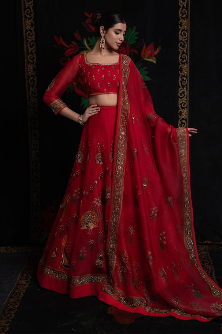 Buy Red Organza Embroidery Peacock Round Print Lehenga Set For Women by ...