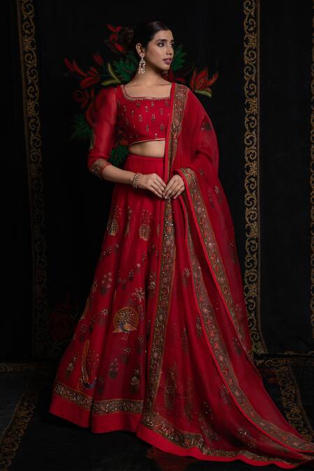 Rohit Bal_Red Organza Embroidery Round Neck Peacock Print Lehenga Set _Online_at_Aza_Fashions