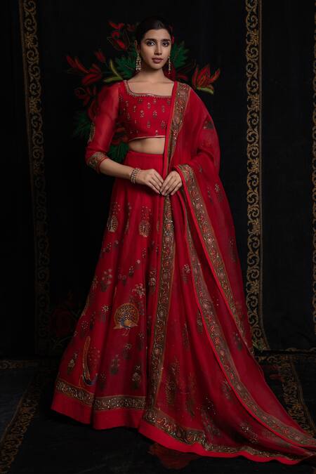 Buy_Rohit Bal_Red Organza Embroidery Round Neck Peacock Print Lehenga Set _Online_at_Aza_Fashions