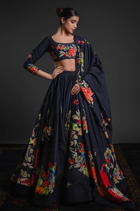 Rohit Bal Black Chanderi Print Floral Blossom Round Lehenga Set 