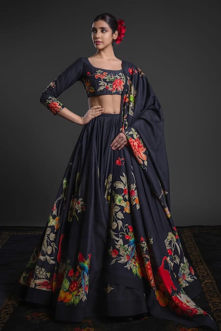 Rohit Bal_Black Chanderi Embroidery Round Neck Floral Print Lehenga Set _Online_at_Aza_Fashions